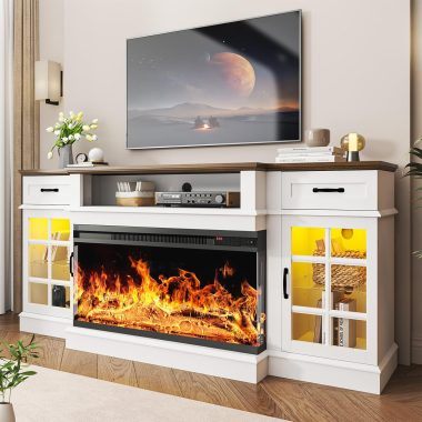 oneinmil 70 Inch Farmhouse White Fireplace TV Stand with 36 Inch Electric Fireplace and LED Lights