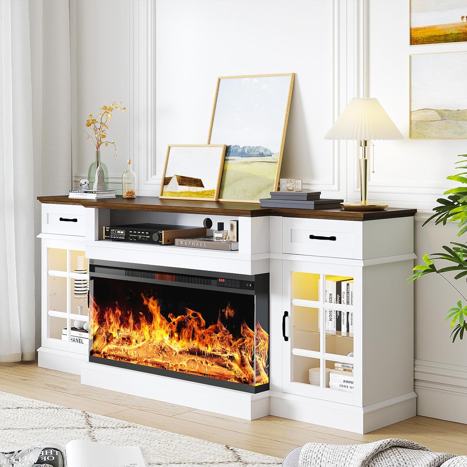 oneinmil 70 Inch Farmhouse White Fireplace TV Stand with 36 Inch Electric Fireplace and LED Lights - Image 9