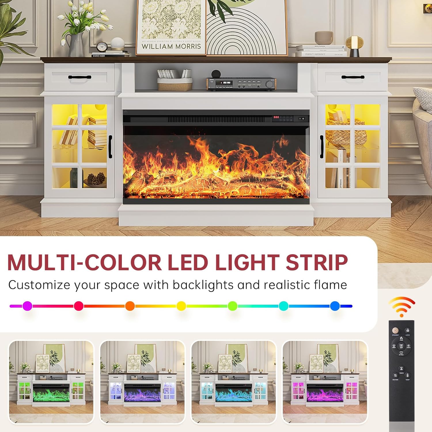 oneinmil 70 Inch Farmhouse White Fireplace TV Stand with 36 Inch Electric Fireplace and LED Lights - Image 6