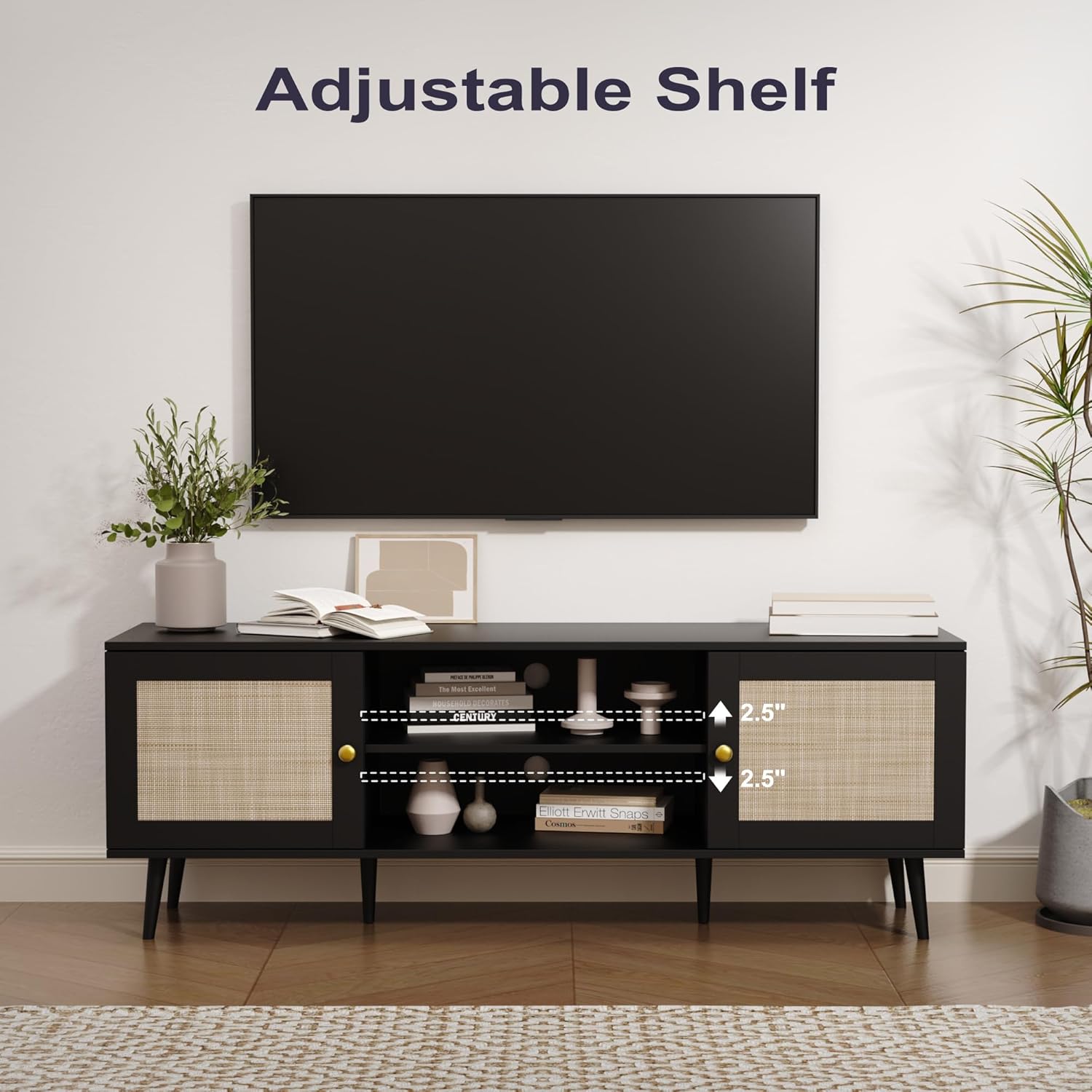 Black 59 Inch Rattan TV Stand for 55-70 Inch TVs, Boho Media Console with Storage and Adjustable Shelf - Image 3
