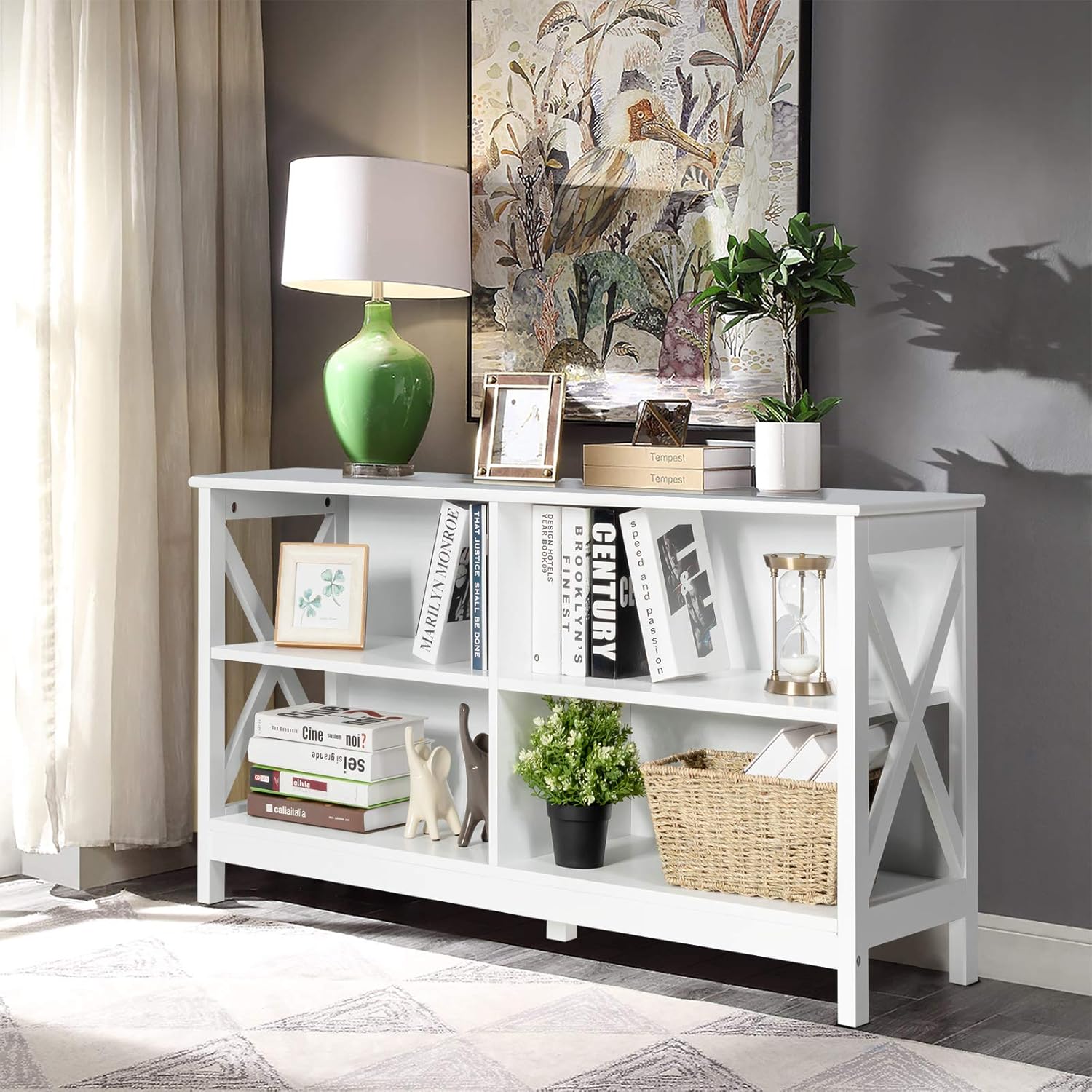Tangkula White Farmhouse TV Stand Entertainment Center, 47 Inch, 4 Open Shelves, X-Frame - Image 2