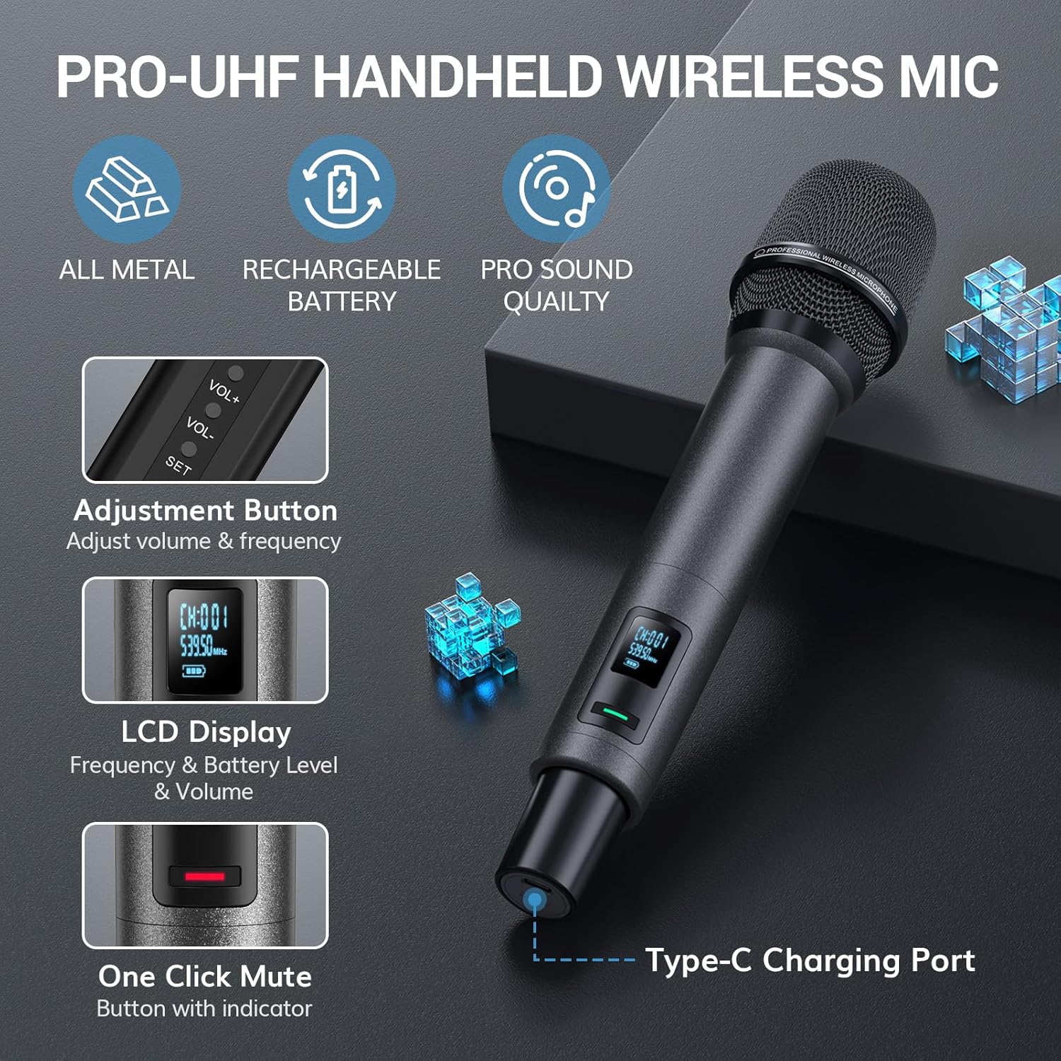 TONOR TW520 UHF Rechargeable Wireless Karaoke Microphone Set, 2x20 Channel Dynamic Mics, 262ft Range, Adjustable Volume - Image 4