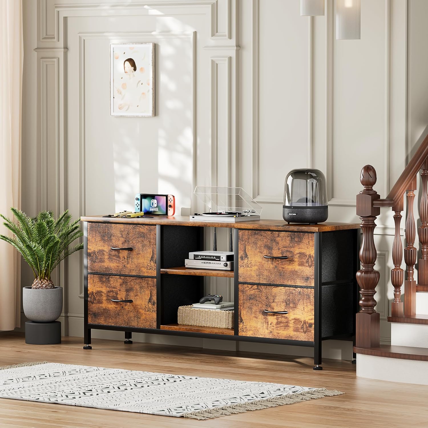 Rustic Brown TV Stand Dresser for 50 inch TVs with Power Outlet and 4 Fabric Drawers - Image 2