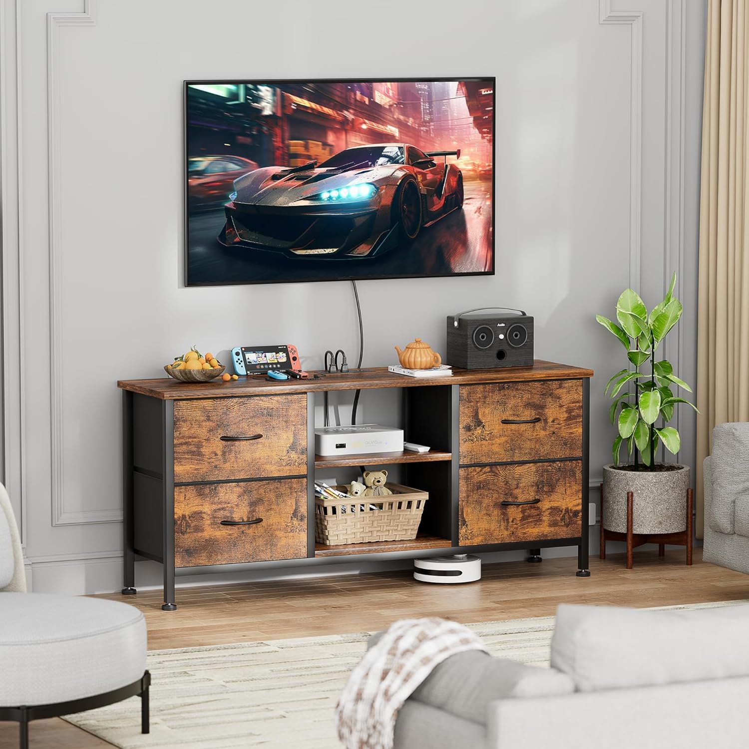 Rustic Brown TV Stand Dresser for 50 inch TVs with Power Outlet and 4 Fabric Drawers - Image 5