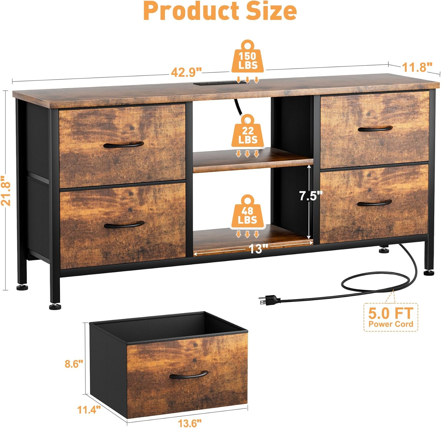 Rustic Brown TV Stand Dresser for 50 inch TVs with Power Outlet and 4 Fabric Drawers - Image 3