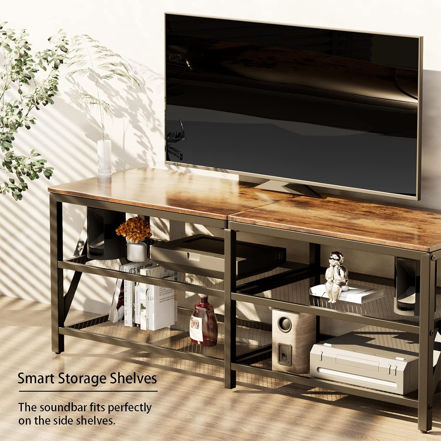 Rustic Brown 55 Inch TV Stand with 3 Tier Storage Shelves for Living Room - Image 2