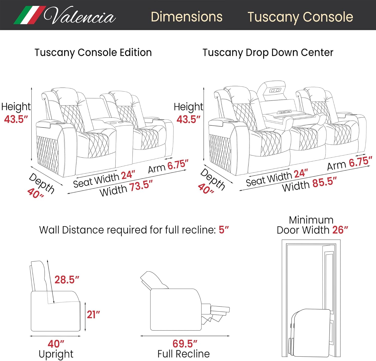 Valencia Tuscany 2025 Midnight Black 3-Seat Power Recliner Home Theater Seating with Center Console and Nappa Leather - Image 3