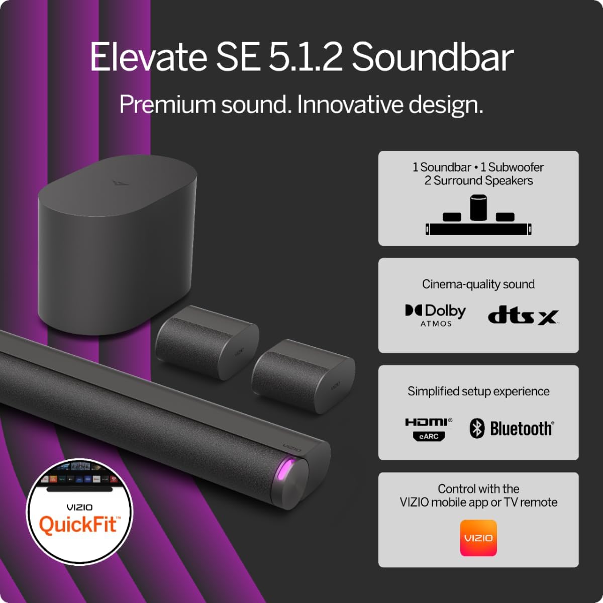 VIZIO Elevate SE 5.1.2 Channel Soundbar System with Wireless Subwoofer, Dolby Atmos, DTS:X, Bluetooth, New 2024 - Image 2