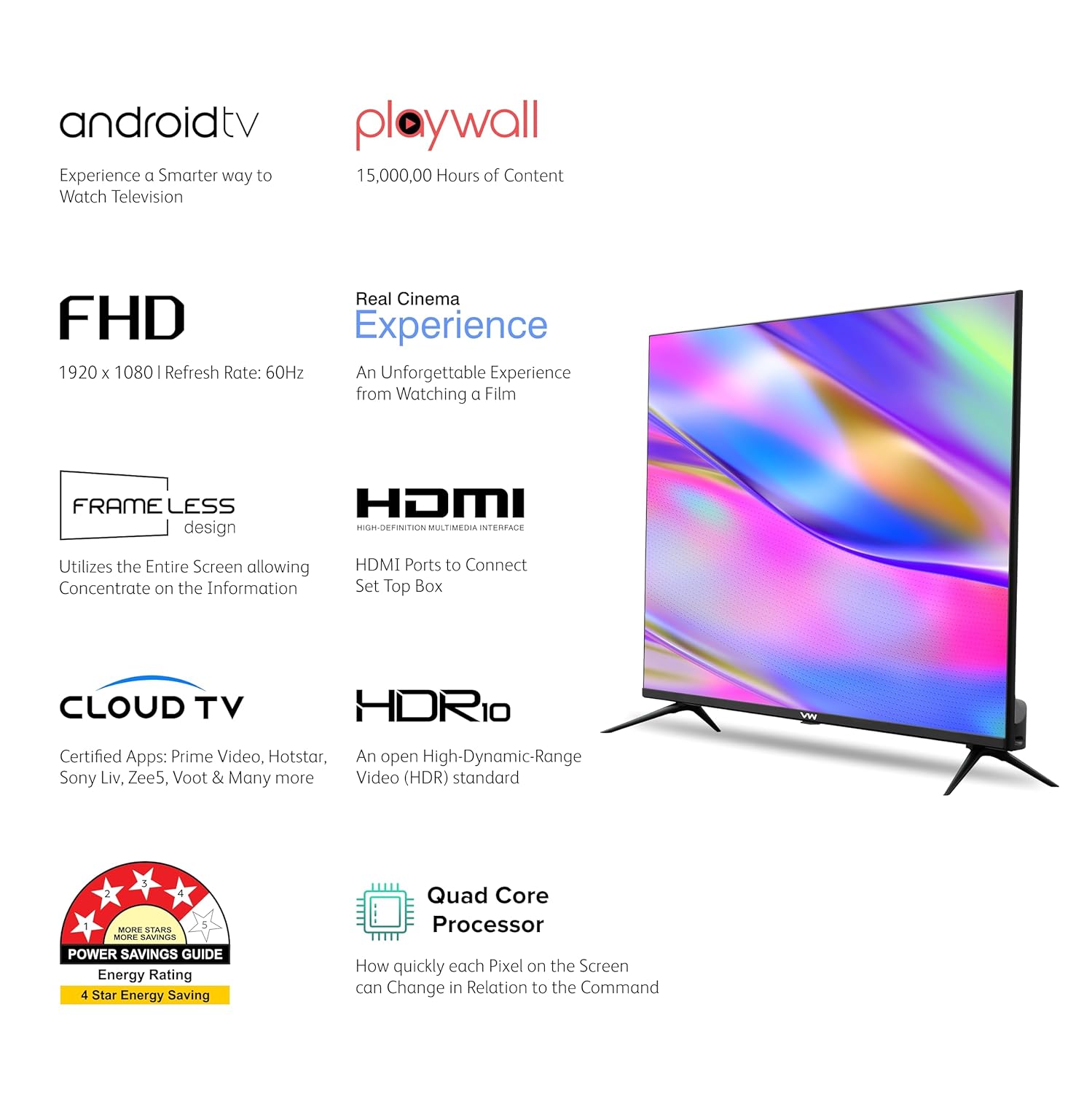 VW 40 Inch Full HD Android Smart LED TV Frameless Series VW40F1 Black - Image 2