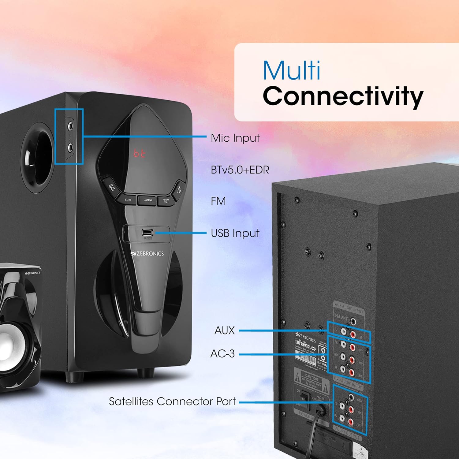 ZEBRONICS BT7591RUCF 5.1 Home Theater Speakers 95W RMS with 5.25" Subwoofer Bluetooth 5.0 Wall Mount - Image 6