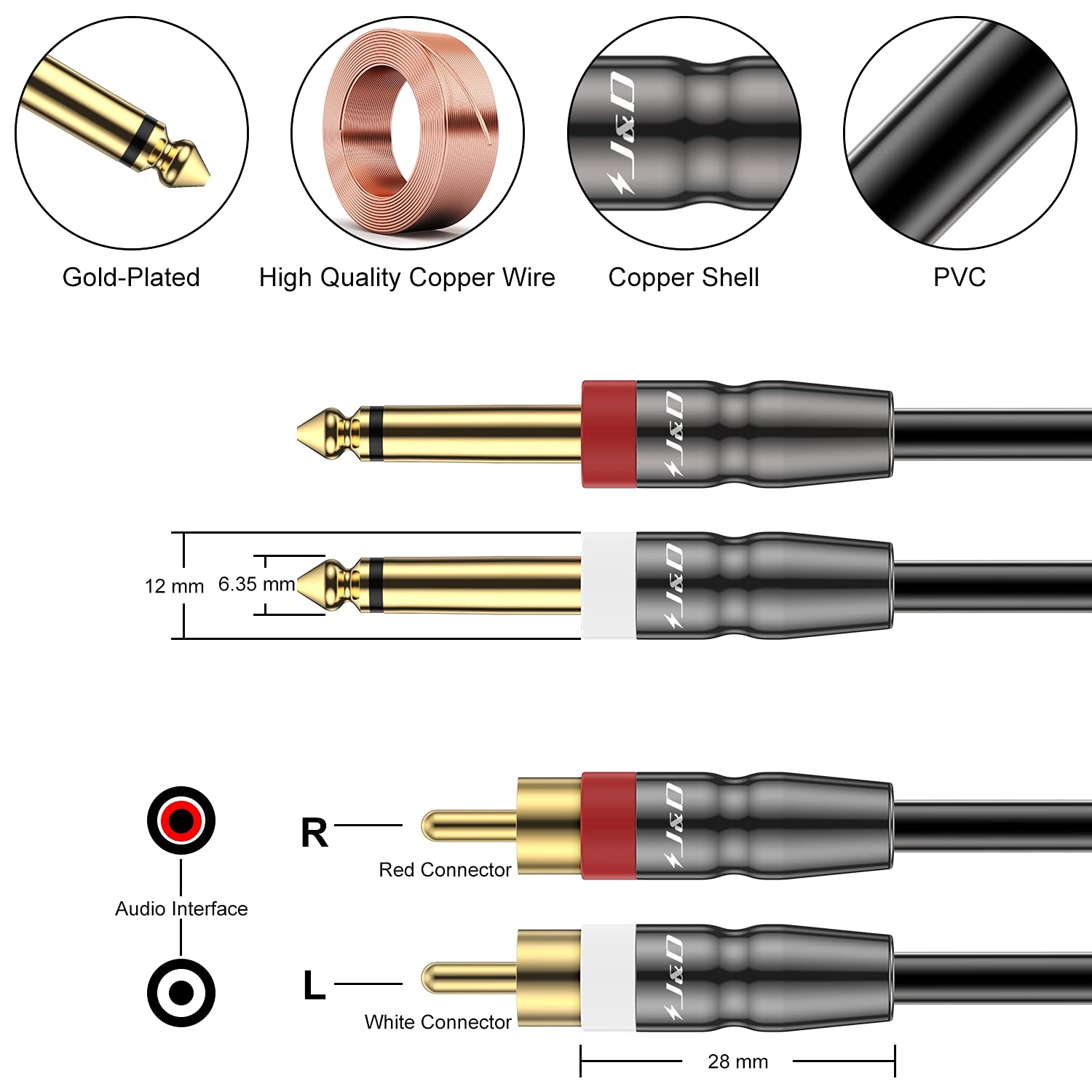 J&D Heavy Duty 1/4 Inch TS to Dual RCA Male Stereo Audio Cable 2.7 Meter - Image 2