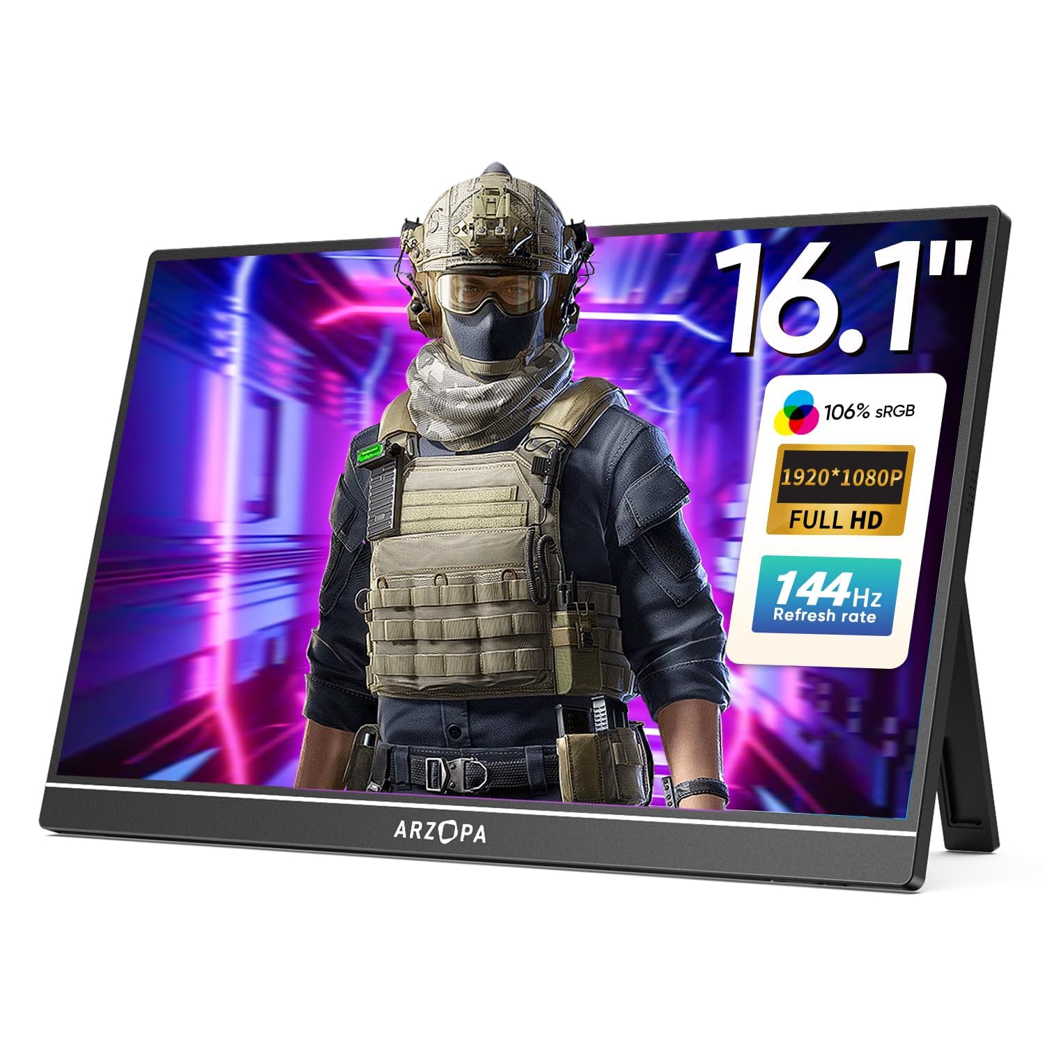 ARZOPA 16.1 Inch 144Hz FHD 1080P Portable Gaming Monitor with Speaker, Slim Design, Eye Care, HDR, USB C HDMI