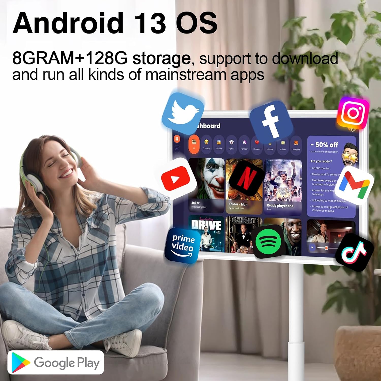 Portable 1080P Touch Screen TV Monitor on Wheels with Android 13 and 4K Camera - Image 2