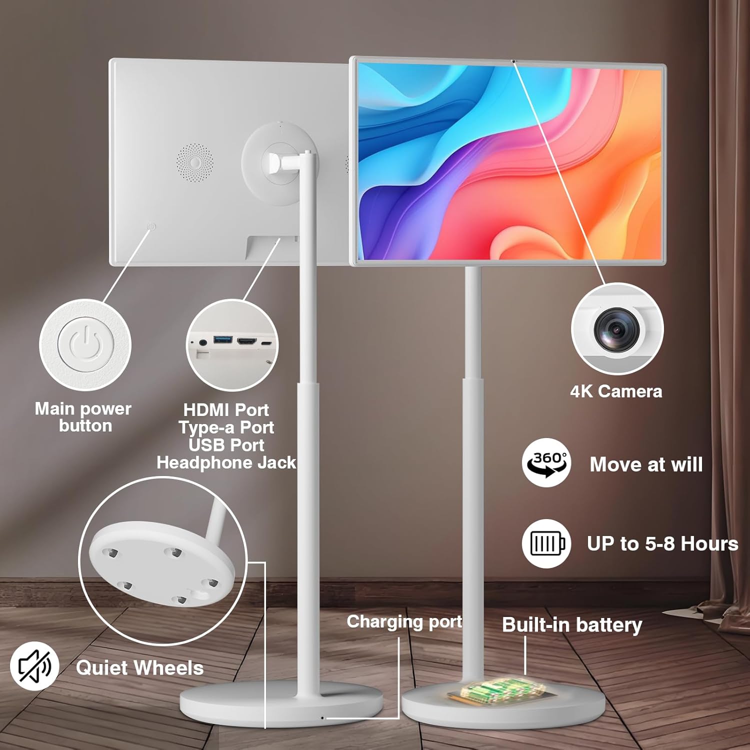 Portable 1080P Touch Screen TV Monitor on Wheels with Android 13 and 4K Camera - Image 5
