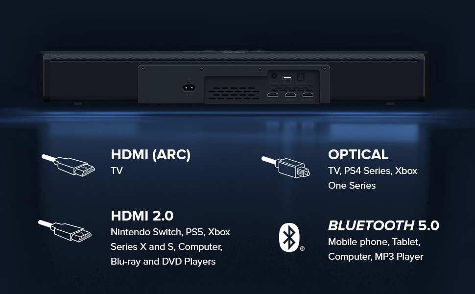 Connections - HDMI ARC, HDMI 2.0, Optical and Bluetooth 5.0