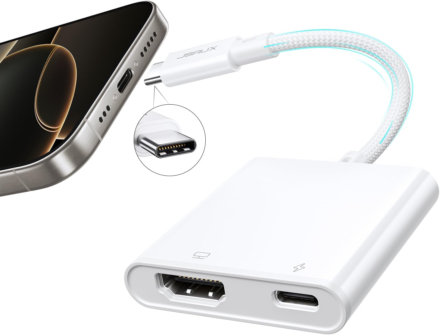 JSAUX 2-in-1 USB C to HDMI Adapter 4K 100W PD Charge for iPhone 16/15 Pro Max, MacBook, Samsung S24