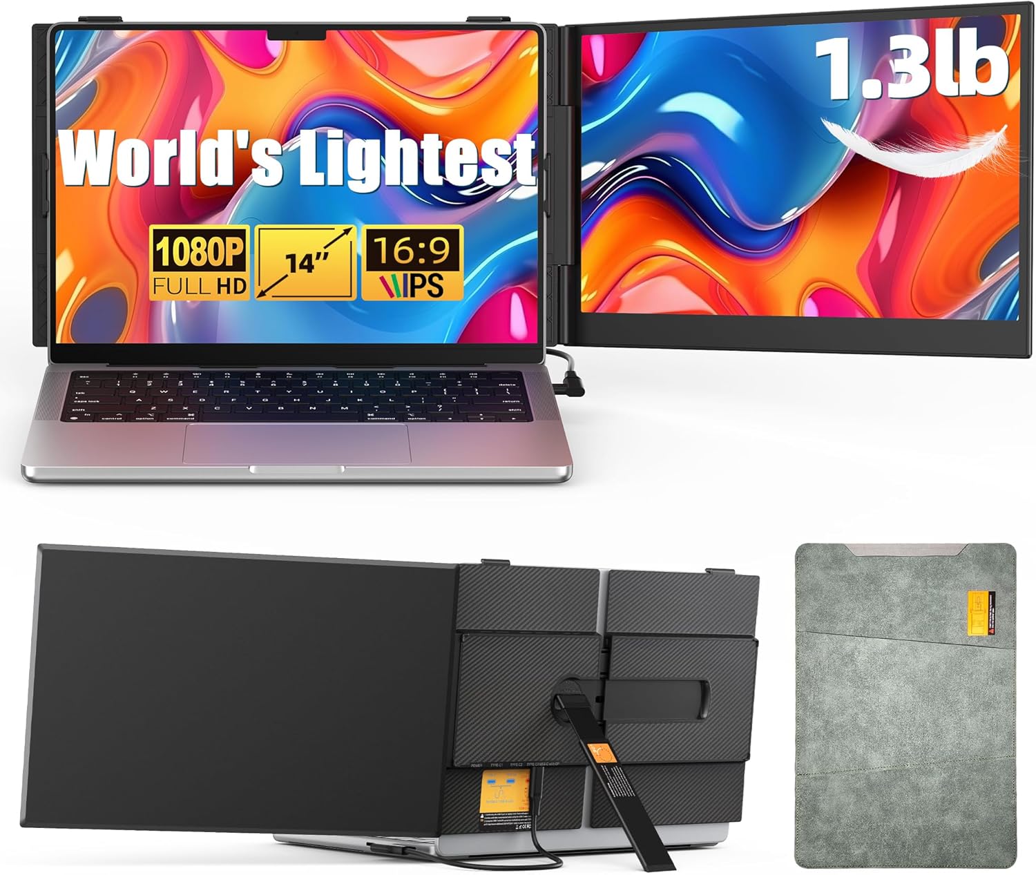 14 Inch FHD 1080P Dual Laptop Screen Extender Ultra Thin Portable 1.3lbs Plug and Play USB-C HDMI Travel Display for 13-17 Inch Laptops
