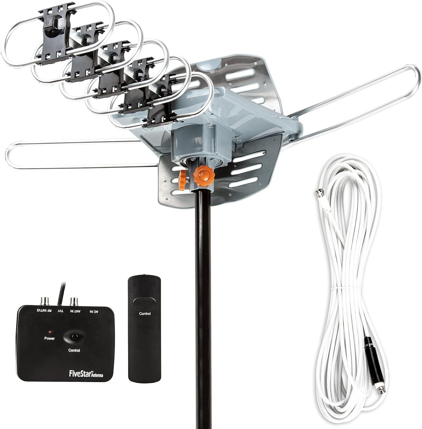 Five Star 150 Mile Outdoor Amplified HDTV Antenna 360 Degree Motorized Rotation for 2 TVs - 40 FT Cable