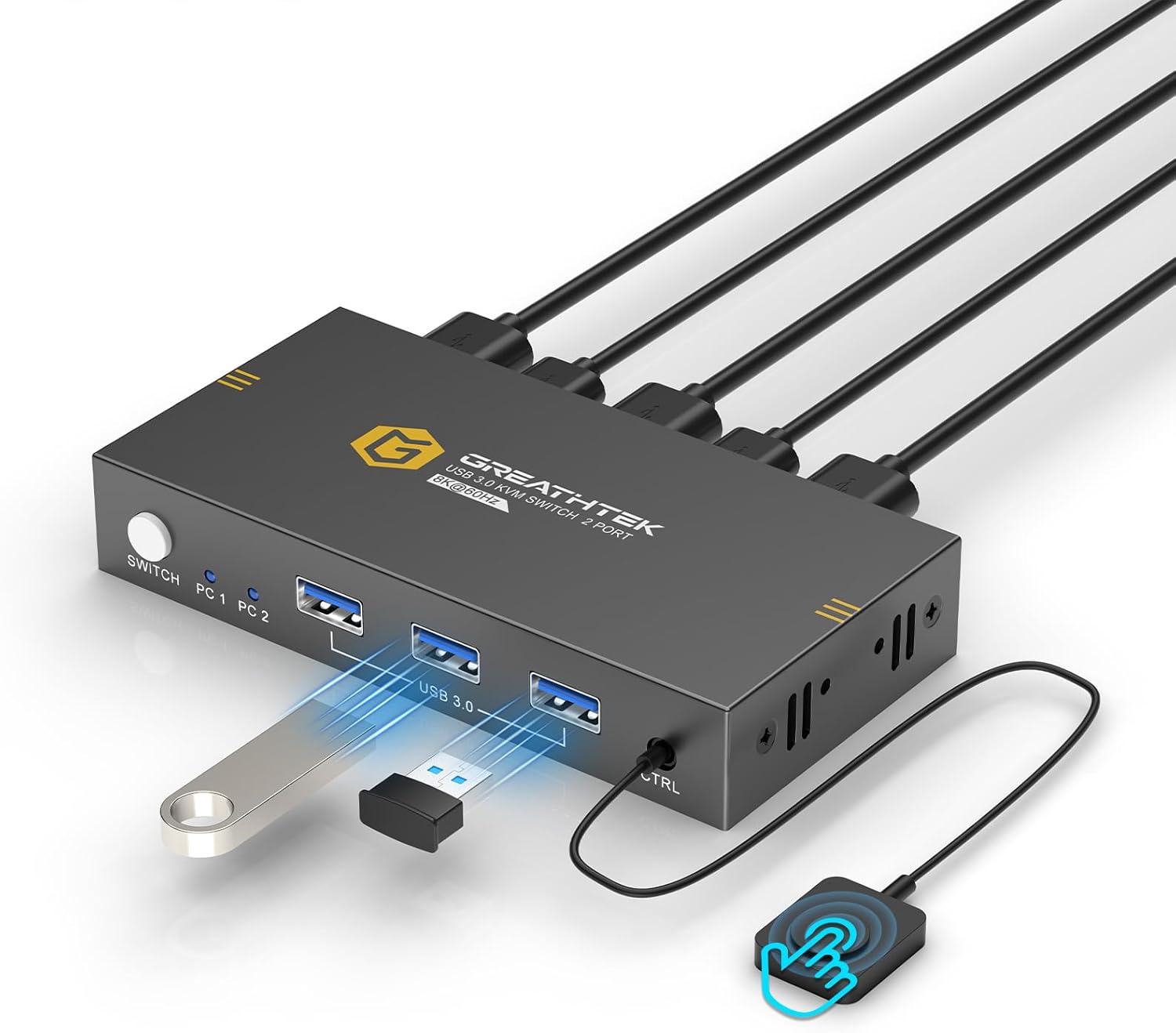 GREATHTEK 2-Port 8K@60Hz HDMI KVM Switch with 3 USB3.0 Hubs for Desktop Sharing