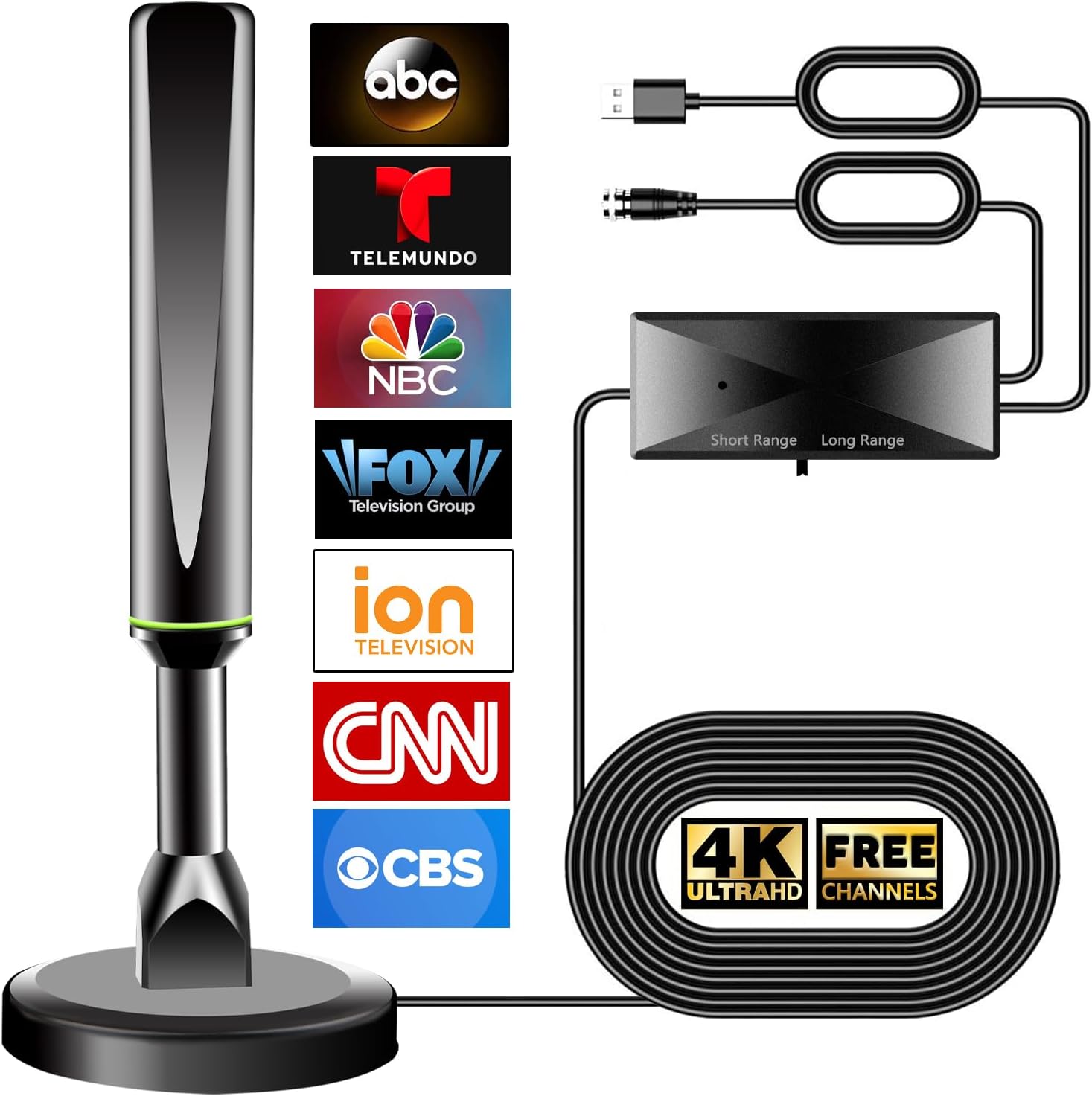 Smart TV Indoor Digital Antenna with Strong Magnetic Base, 360° Long Range Reception for Local Channels, Black