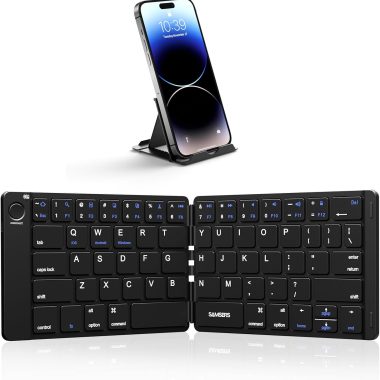 Samsers Black Foldable Bluetooth Keyboard with Built-in Stand Holder, Rechargeable, Full-Size, Ultra-Slim Wireless for iOS, Android, Windows Devices