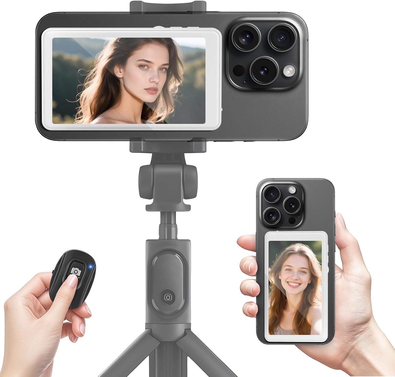 Magnetic Wireless Selfie Monitor Screen for iPhone Android, 1800mAh, Bluetooth Remote, 3-Level Brightness, White
