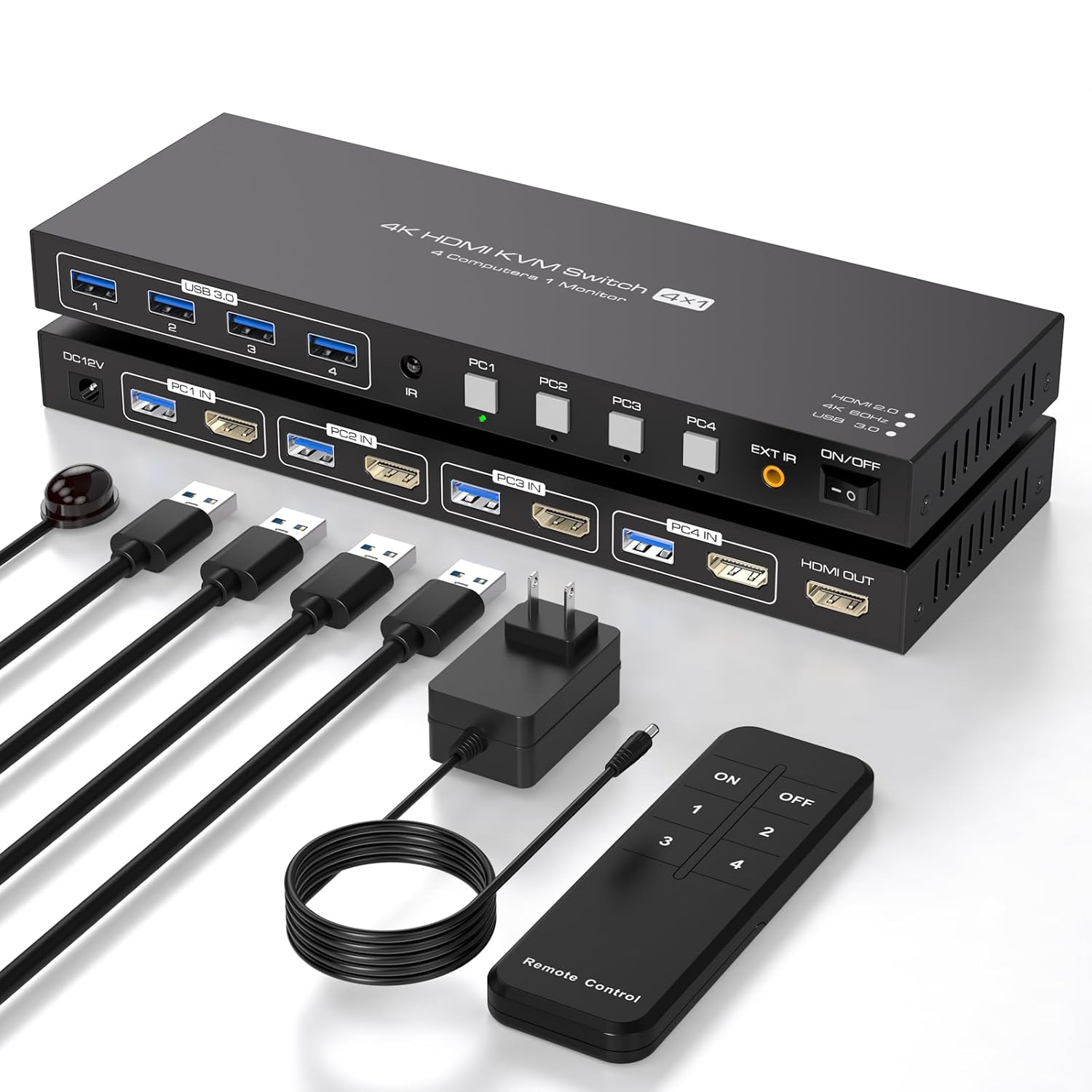 4K60Hz 4 Port HDMI KVM Switch for 4 Computers Sharing 1 Monitor & USB Devices with 4 USB 3.0 Cables and Remote