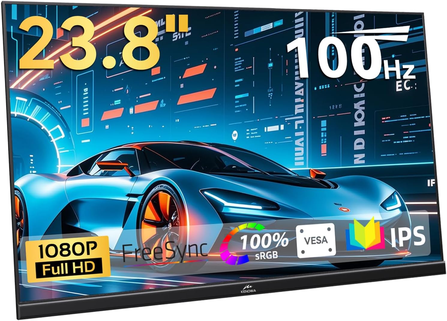 Kenowa 23.8 Inch FHD 1080P Portable IPS Monitor 100Hz Freesync Gaming with Type-C HDMI Dual Speakers Adjustable Stand