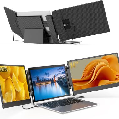 14 Inch FHD 1080P IPS Triple Portable Laptop Monitor 300% More Efficient Foldable Display with Stand for 13-17.3" Laptops Plug & Play Windows Chrome Mac
