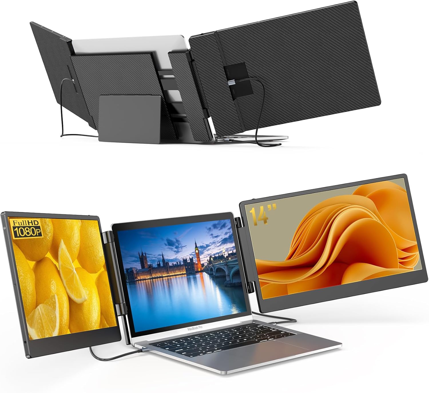 14 Inch FHD 1080P IPS Triple Portable Laptop Monitor 300% More Efficient Foldable Display with Stand for 13-17.3" Laptops Plug & Play Windows Chrome Mac