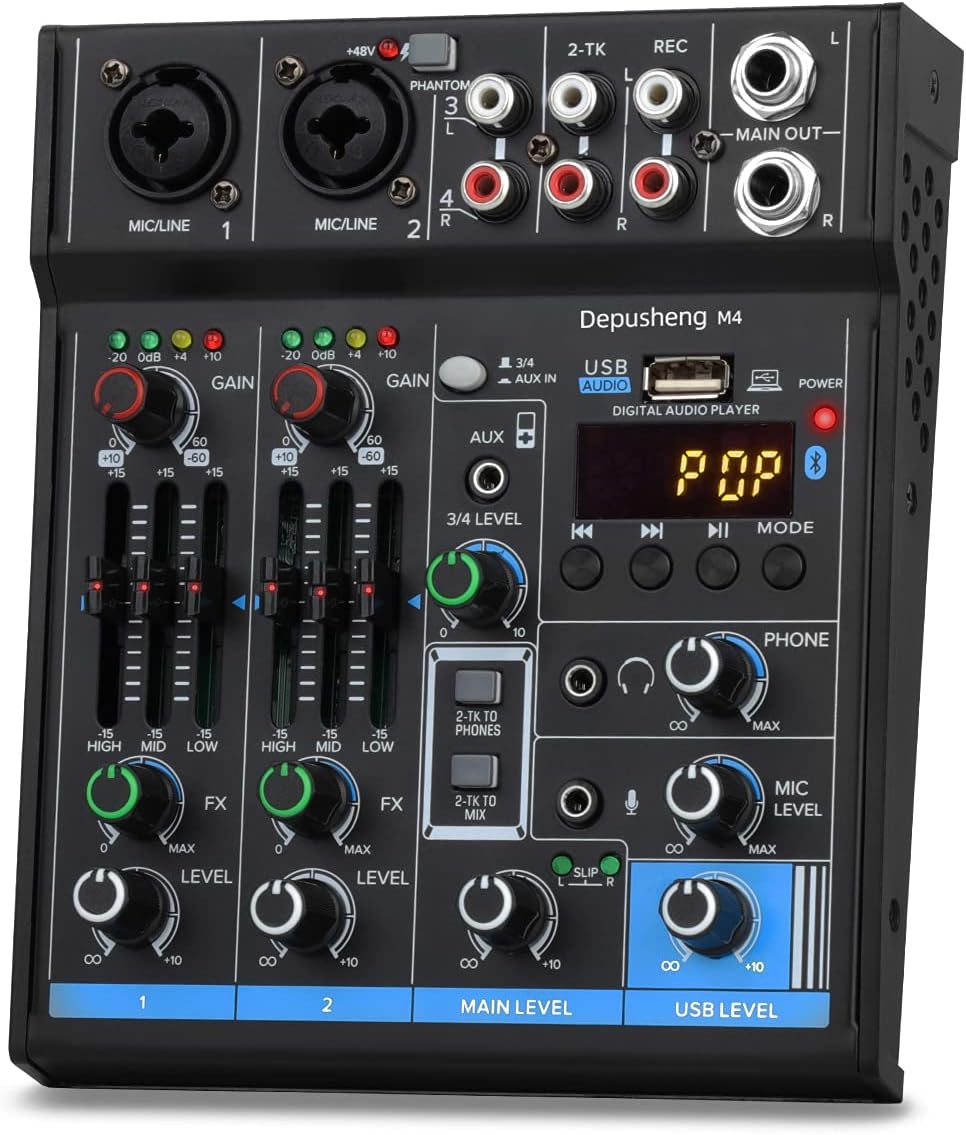 Depusheng M4 Black 4-Channel USB DJ Mixer with Bluetooth and Sound Card for PC Recording