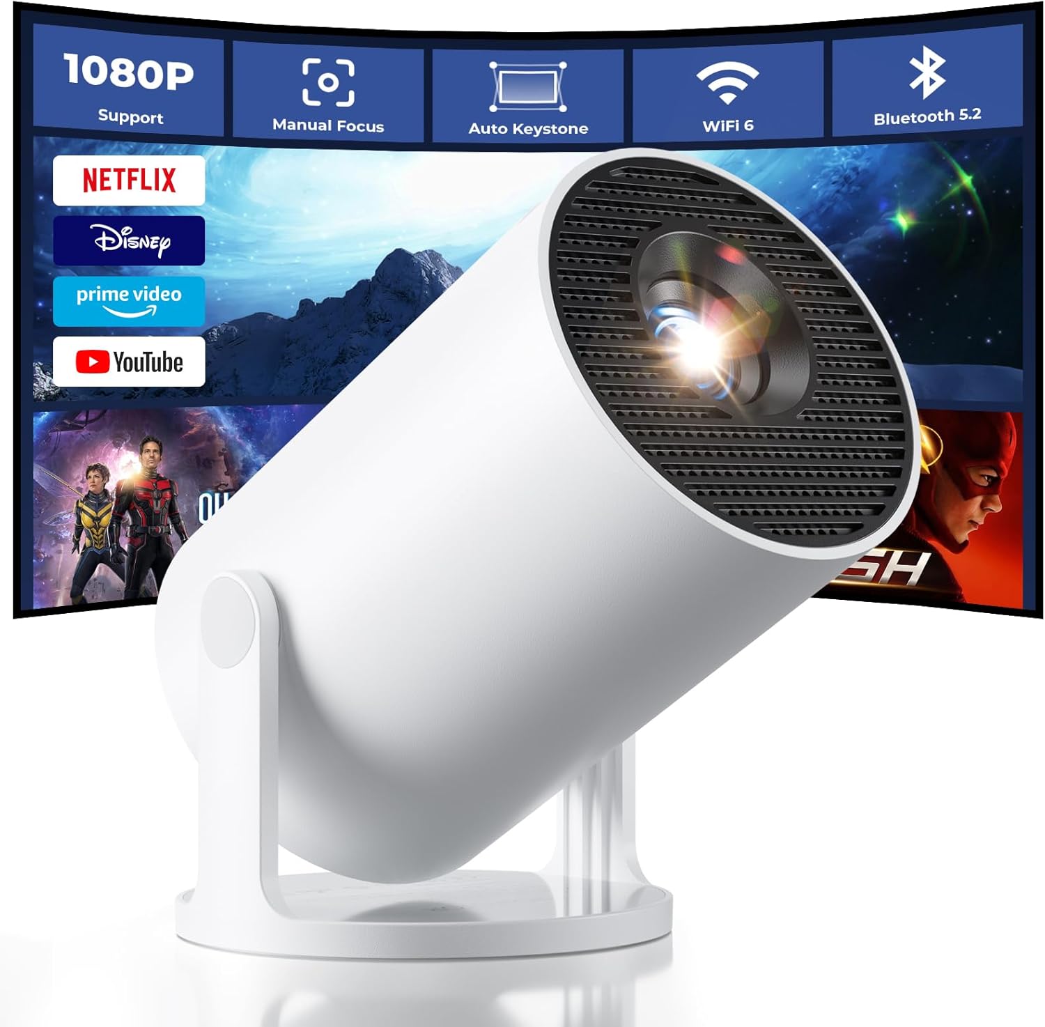 CLOKOWE Mini Portable WiFi Bluetooth Projector Smart Built-in Apps 180° Rotation Auto Keystone 1080P Compatible