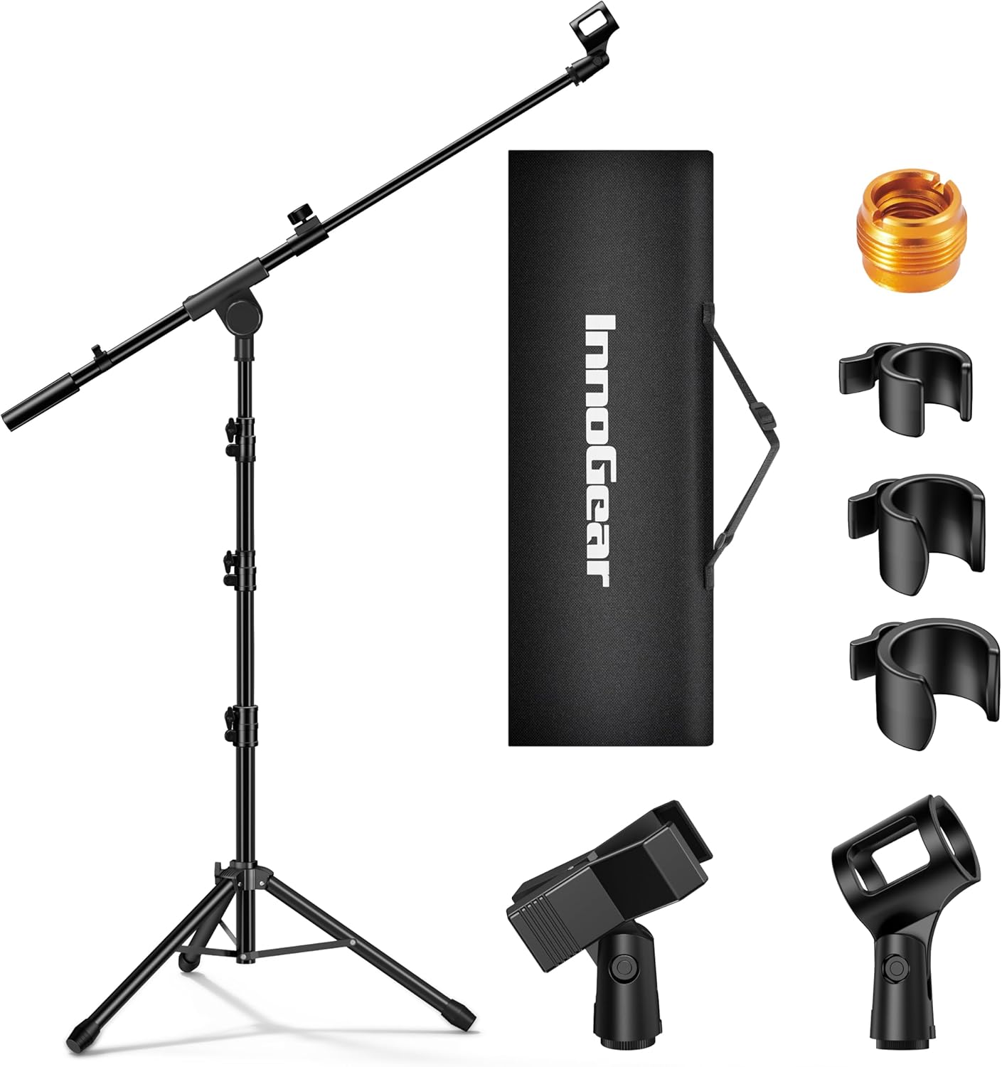 InnoGear Adjustable Heavy Duty Microphone Floor Stand with Carrying Bag, Tripod Boom Arm, Mic Clips, and Adapter for Podcast and Studio Mics