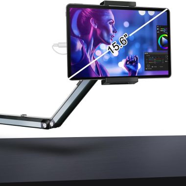 Adjustable Aluminum Desk Clamp Tablet Stand Holder for 4.7-15.6 inch Devices, Under 3 Pounds, Gray