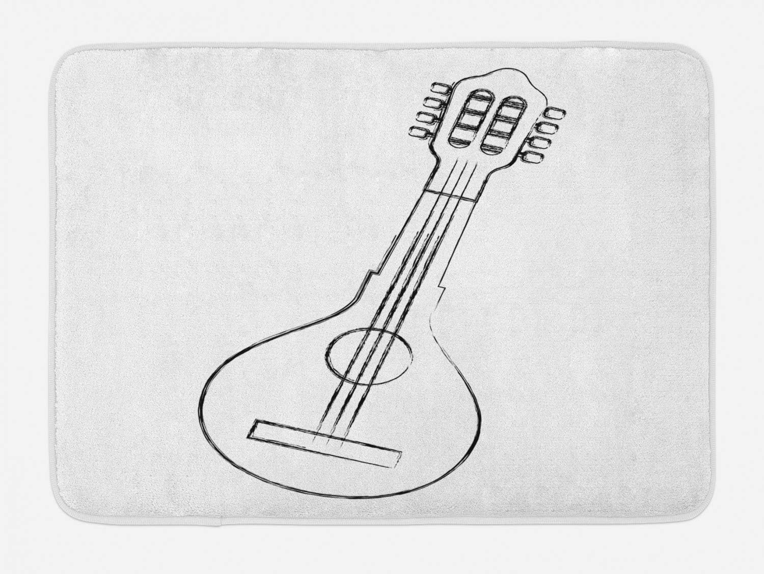 Traditional Sketchy Mandolin Art Plush Bath Mat with Non Slip Backing, 30.2" x 20"