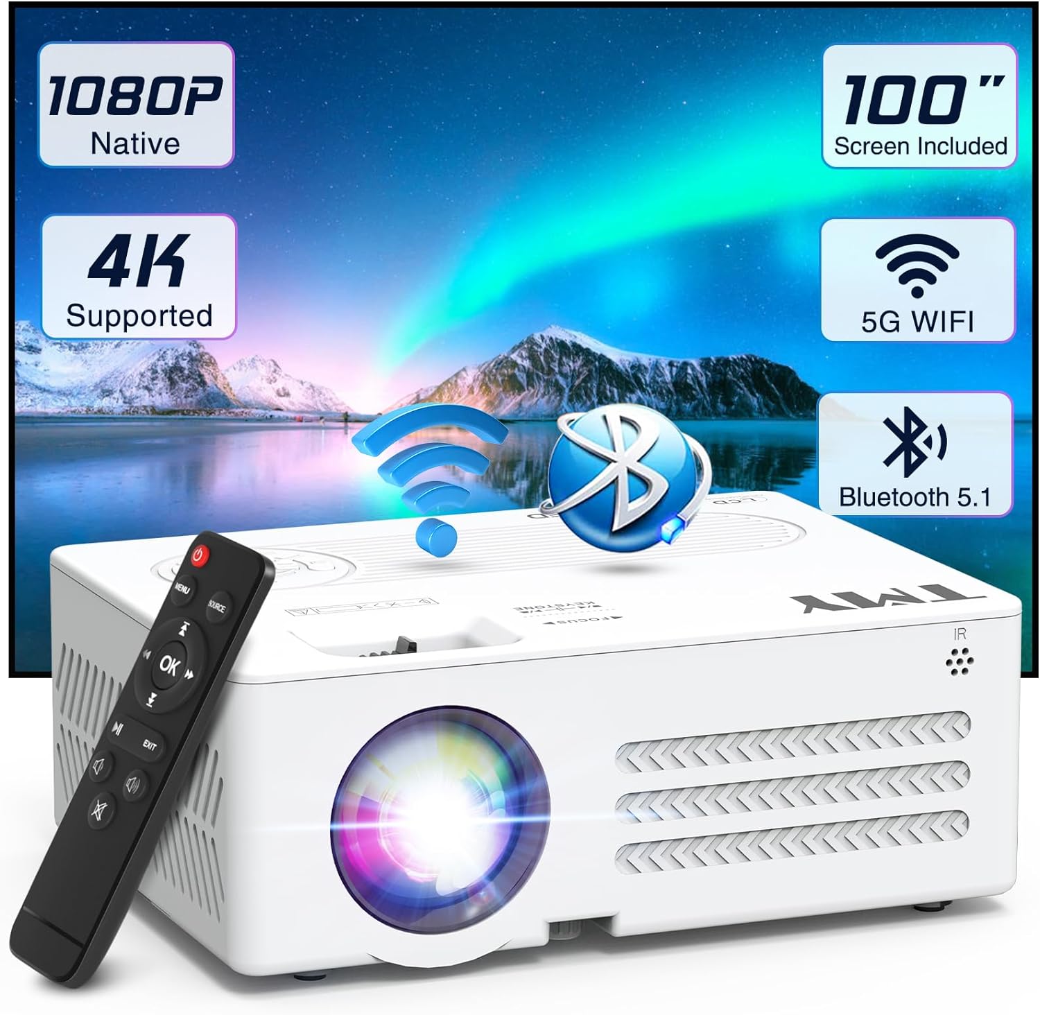 TMY WiFi Bluetooth Native 1080P Projector with 100" Screen, 4K Supported, Portable for Indoor/Outdoor