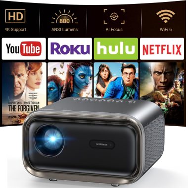 NICPOW Portable Full HD 1080P 4K Supported Projector with WiFi Bluetooth Auto Focus Grey