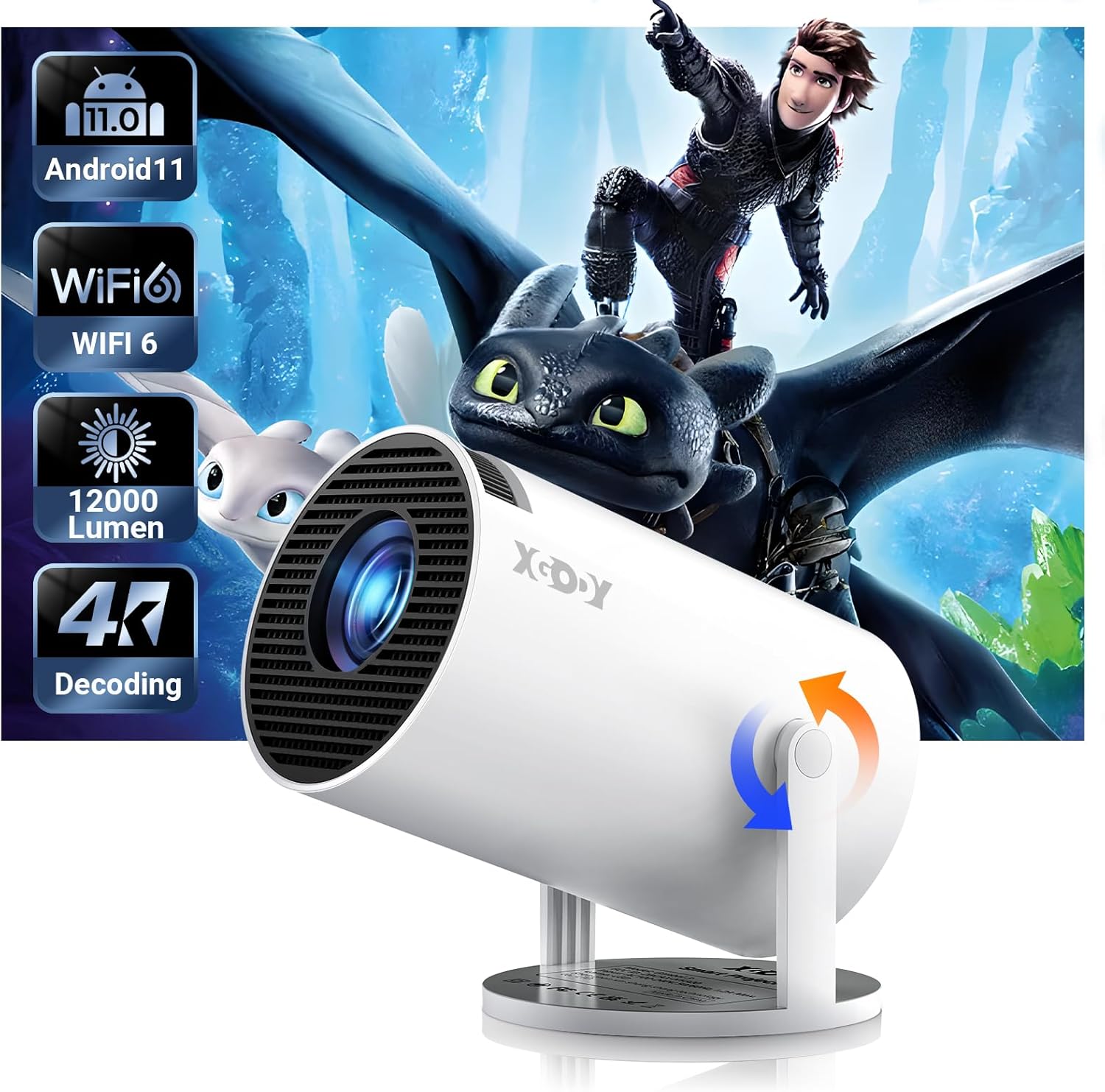 XGODY Gimbal 3 Protable Smart Mini Projector WiFi6 Bluetooth 5.0 12000L 4K Android TV 11 White