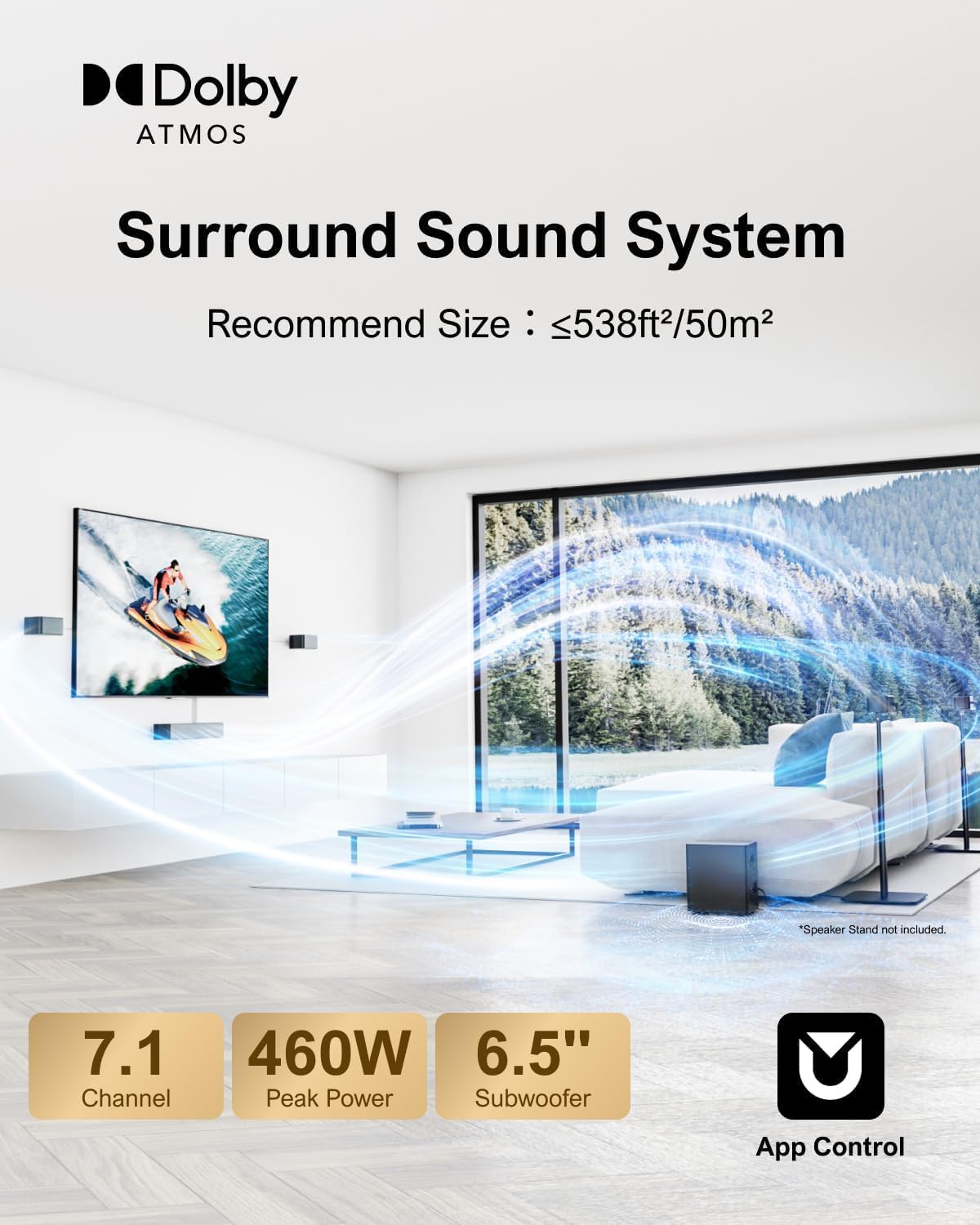 ULTIMEA Poseidon D80 460W 7.1 Surround Sound System with Dolby Atmos, 6.5" Subwoofer, 4 Wired Speakers, APP Control, 2025 Upgrade - Image 4
