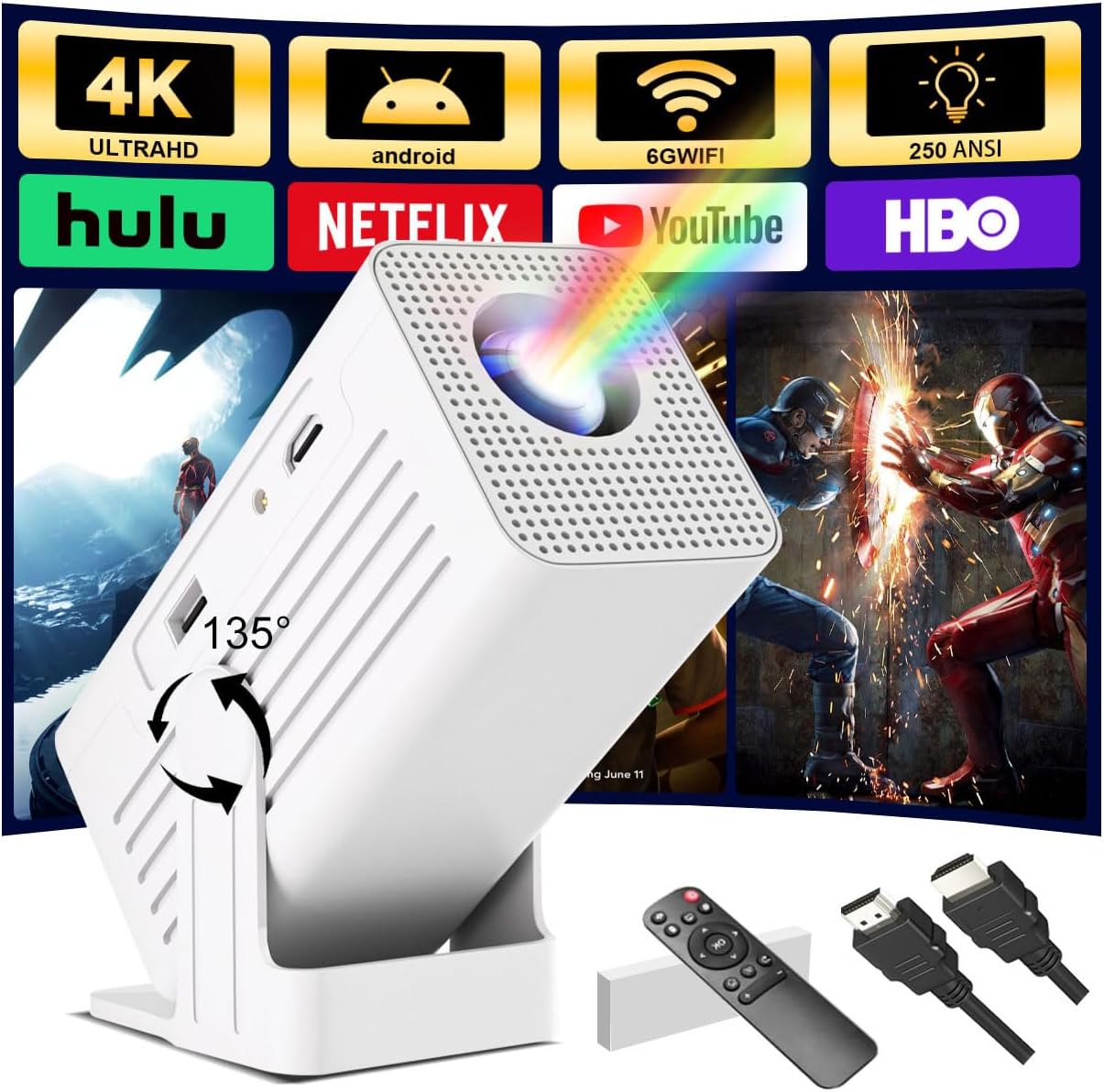 Polaring Smart 4K Mini Projector WiFi Bluetooth Portable 1080P Support 2.69" Ultra Resolution Built-in App