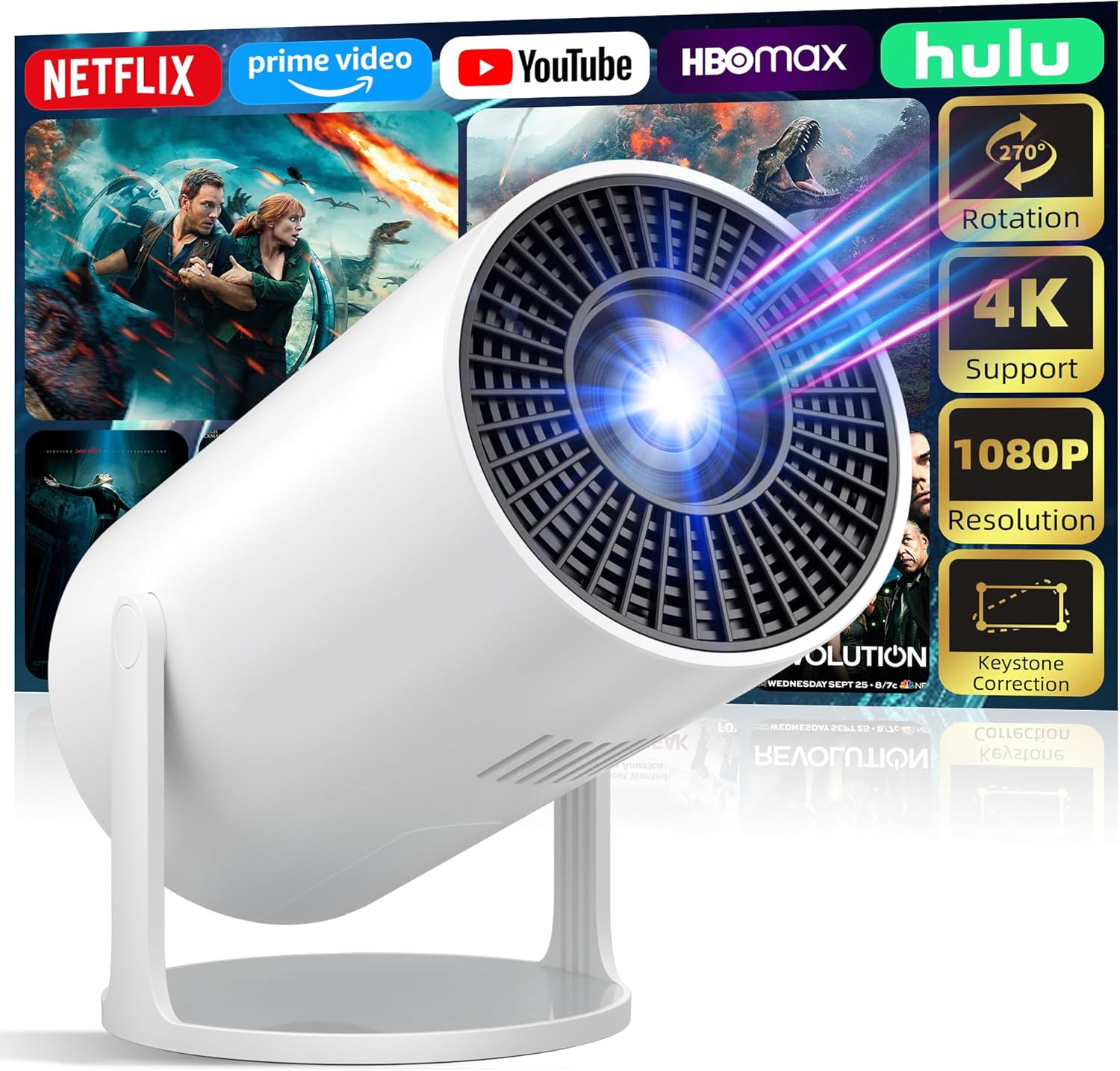 Portable Mini Projector 4K Support Full HD 1080P with 270° Rotatable Stand for Movies