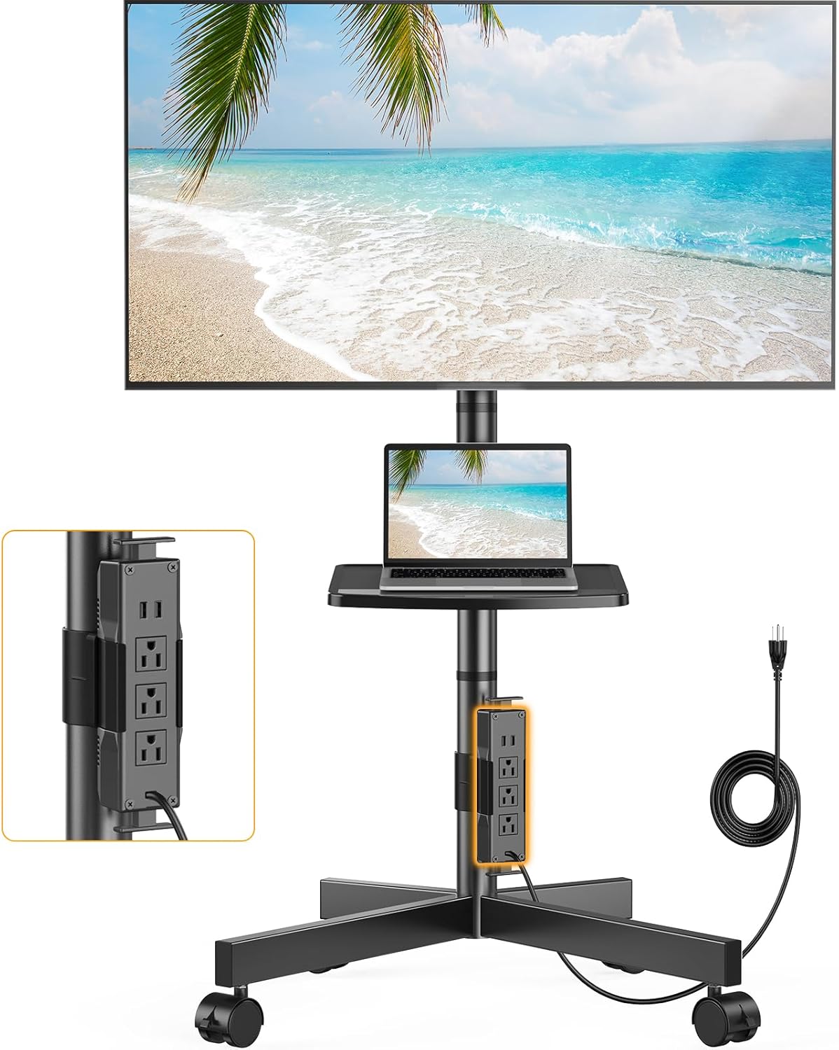 Perlegear Rolling TV Cart with Integrated Power, Adjustable Height, for 23-60 Inch TVs