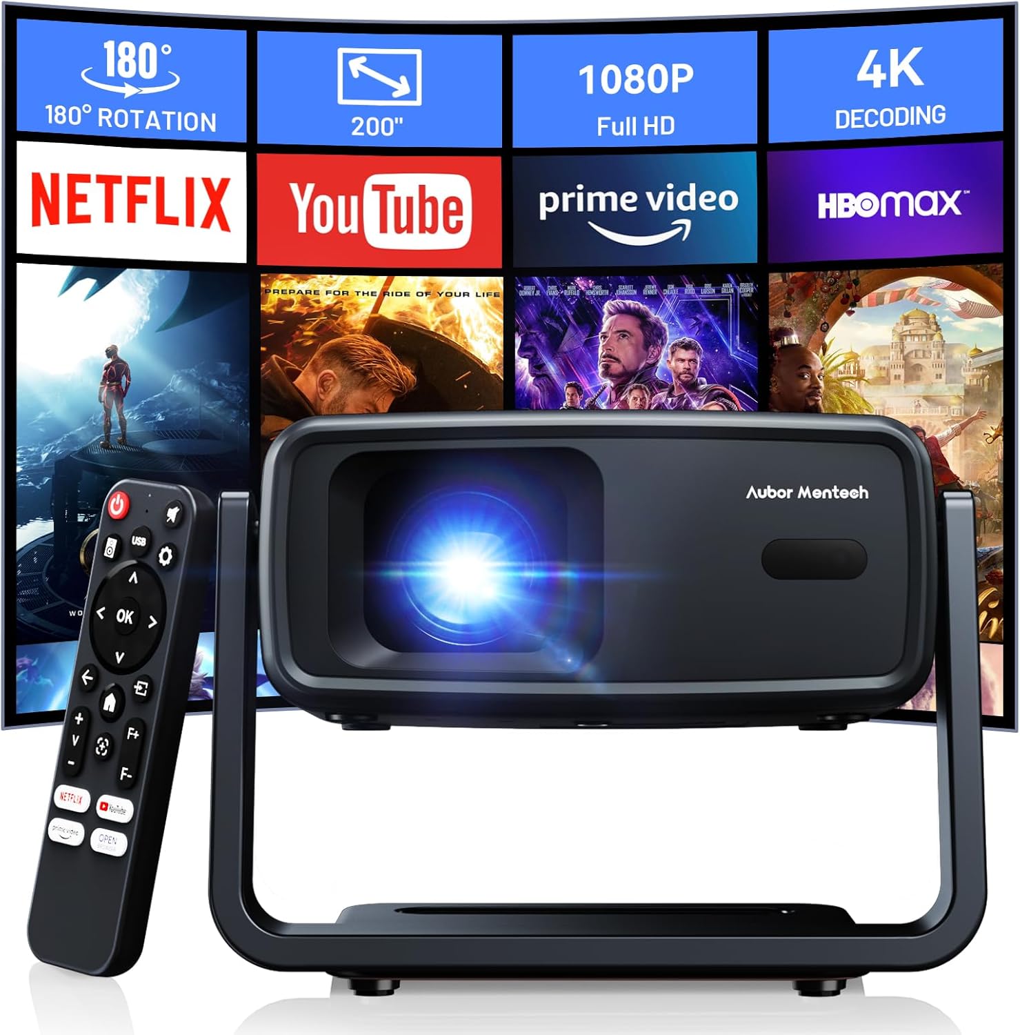 4K Supported Native 1080P Mini Projector WiFi Bluetooth 180° Rotatable Auto Keystone 200" Screen Portable Outdoor Home Theater Smart Projector