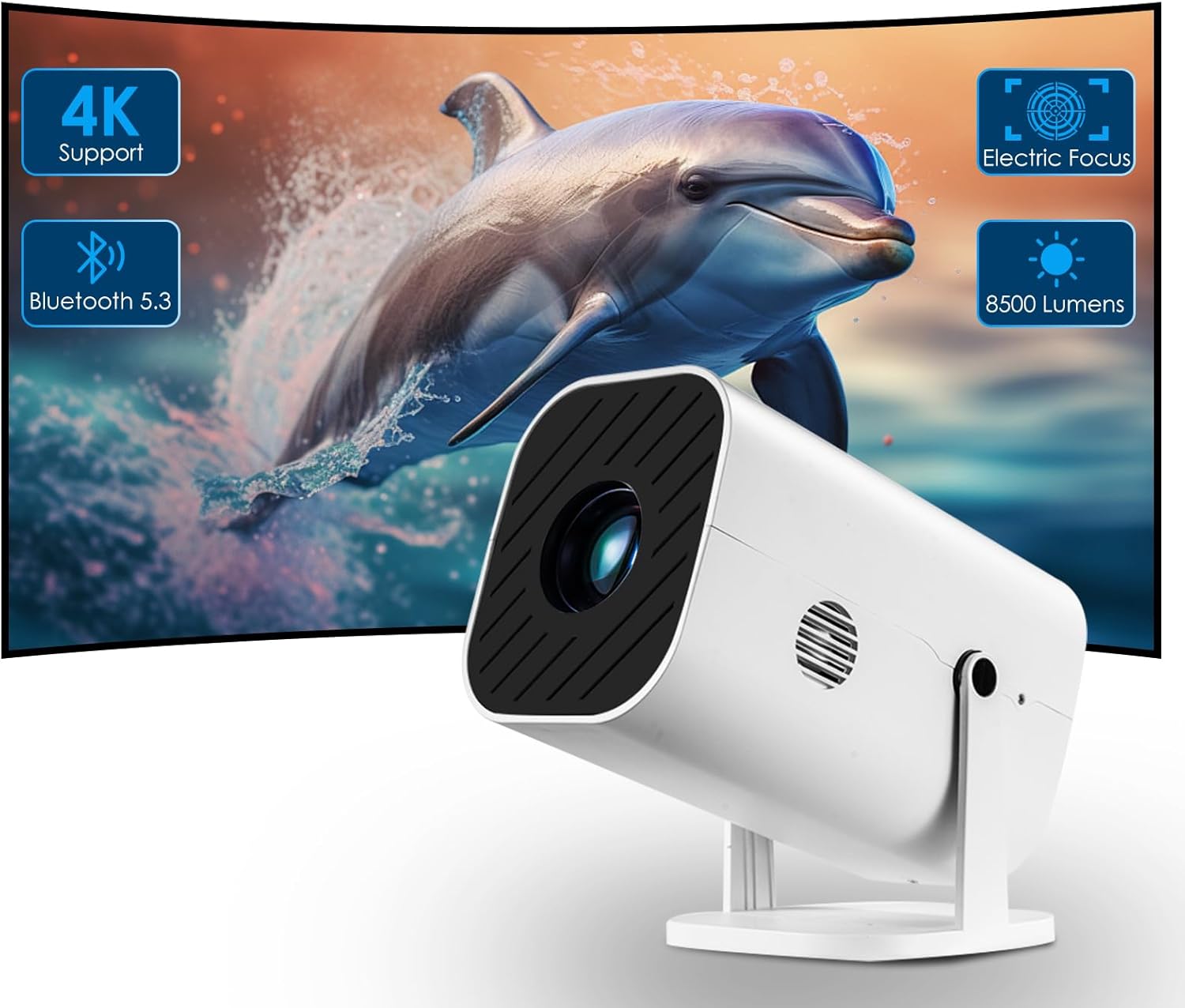 Portable Mini Projector 1080P Native Bluetooth Built-in Speaker 180° Adjustable Stand for Bedroom