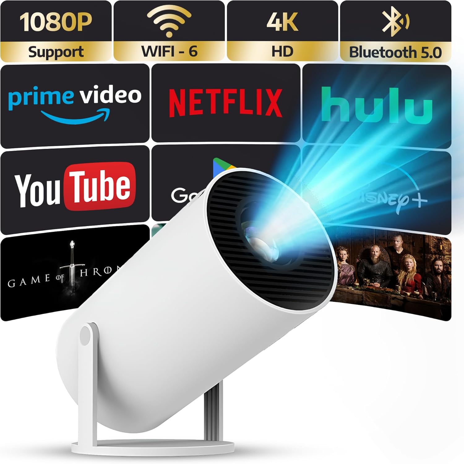 Mini Portable Smart Projector WiFi 6 Bluetooth 4K HD 1080P Outdoor Home Theater 180° Rotatable