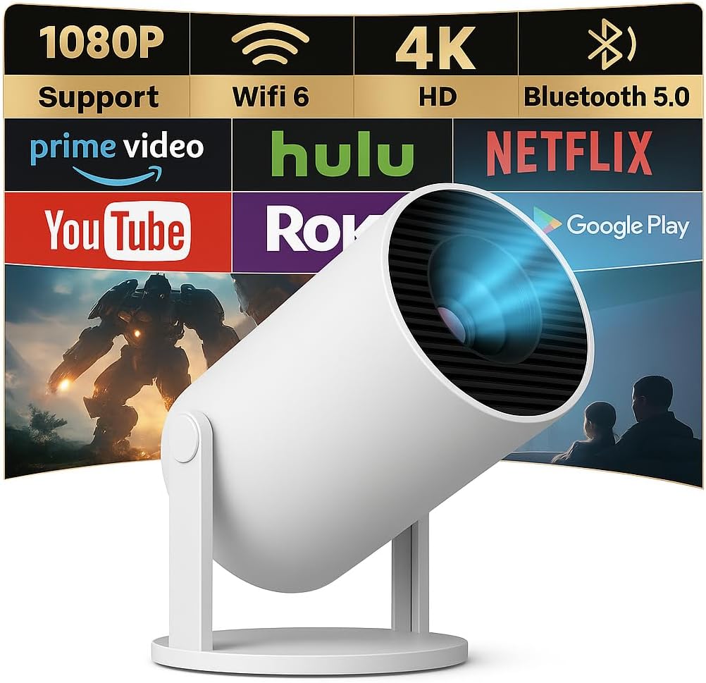 Portable WiFi 6 Bluetooth 5.4 Mini Projector 4K 1080P Supported 40-200" Display 180° Rotation