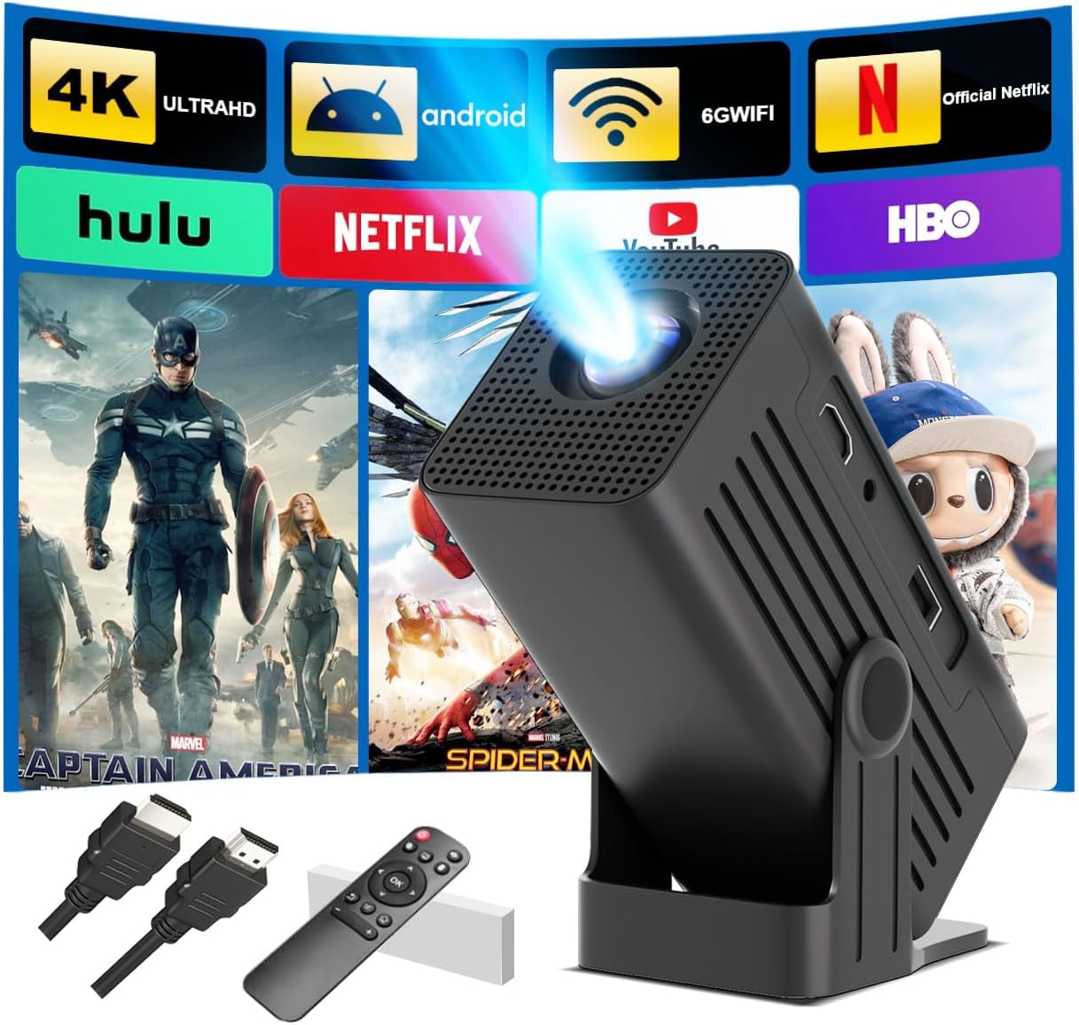 Polaring Mini Smart 4K Projector with WiFi Bluetooth 1080P Support Auto Keystone Correction 90° Rotating Black