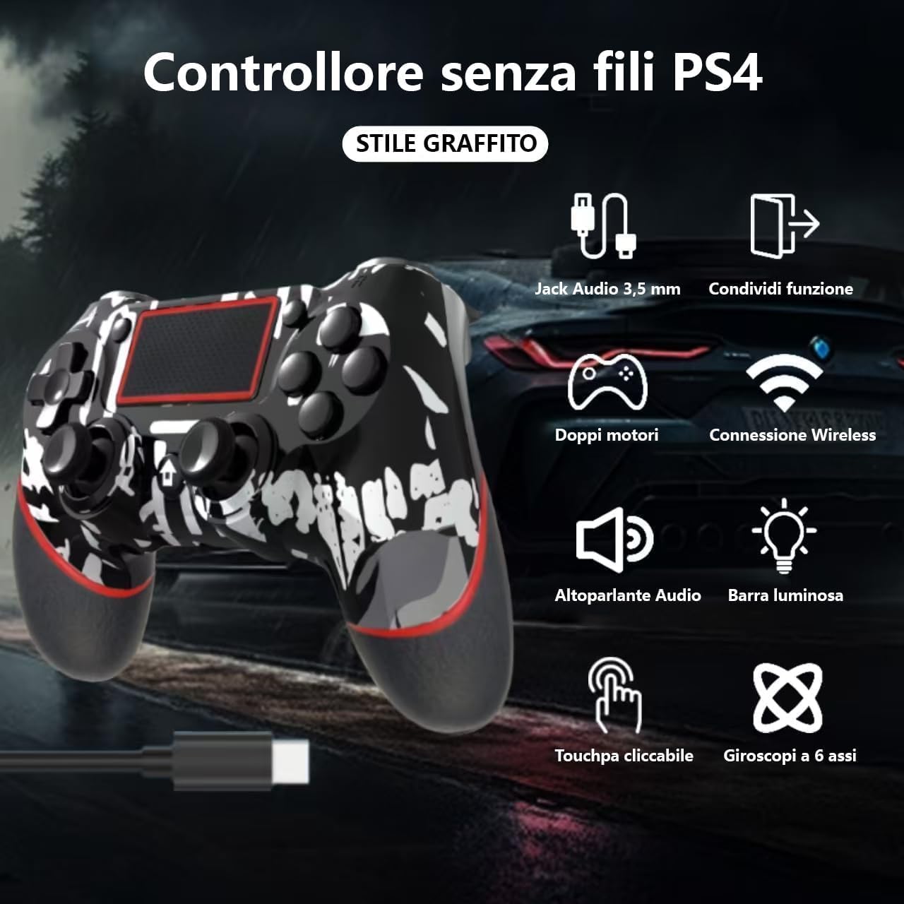 SZYUYU Wireless Controller for PS4 Slim Pro PC Black Skull 3.5mm Audio Jack Six Axis