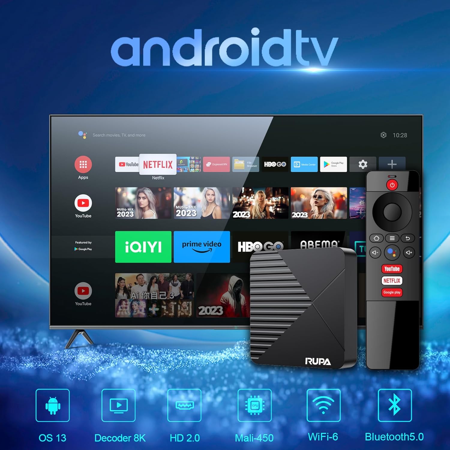 RUPA Android TV Box 13.0 4GB RAM 64GB ROM Dual WiFi 6 8K HDR BT5.0 - Image 3