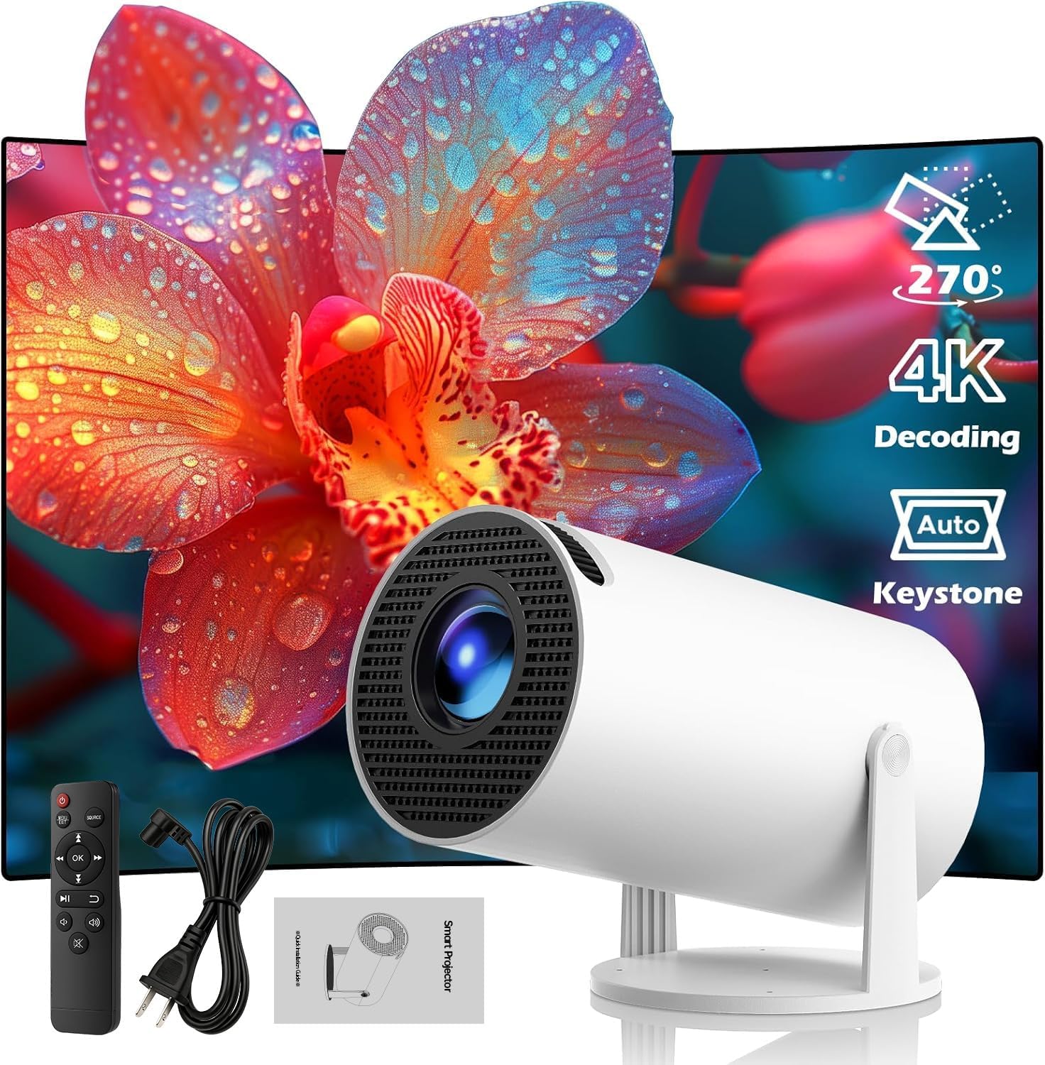 2025 WiFi Bluetooth Mini Portable Projector, 4K Support, Android 11.0 Smart, 270° Rotation